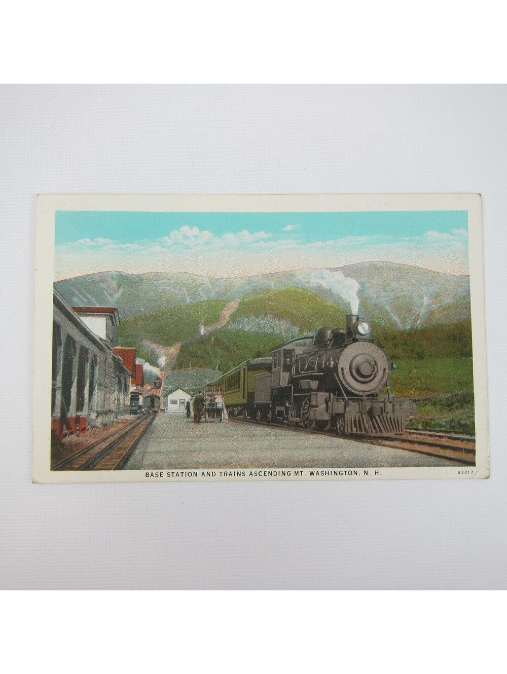 Train Postcard Base Station & Trains Ascending Mt. Washington New Hampshire 1932